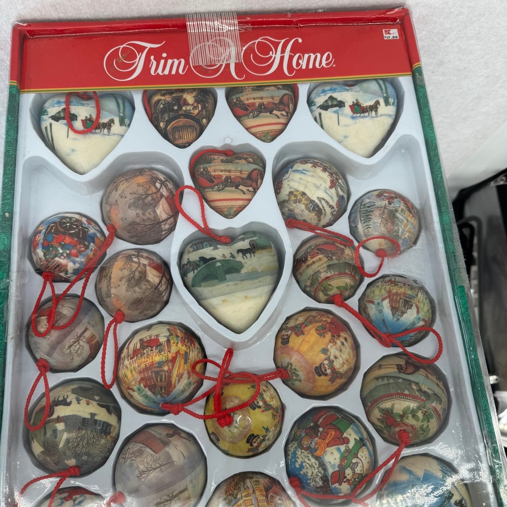 Vtg Trim A Home 24 Holiday Paper Mache Ornaments Heart Winter Scenes Kmart Set